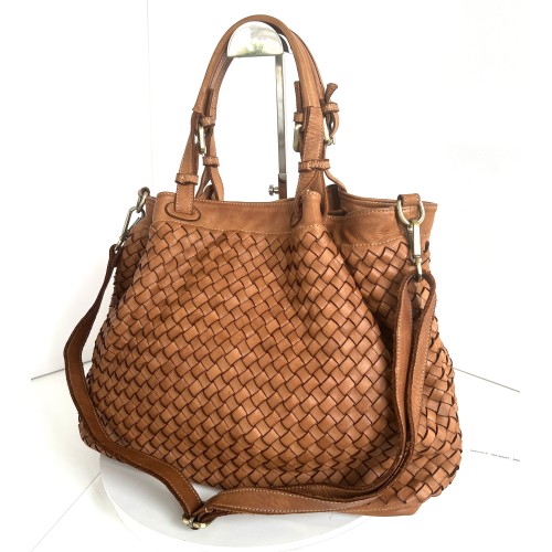 Elow Stylish Cognac Woven Leather Tote Bag