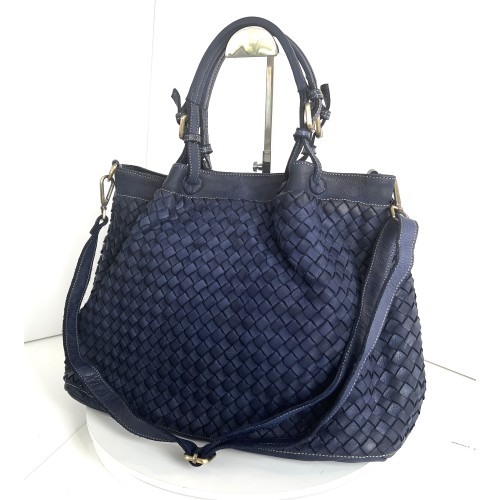 Elow Navy Blue Woven Leather Tote Bag