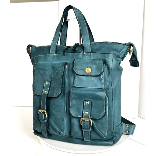 Teal Blue Soft Leather Backpack Tote Stella